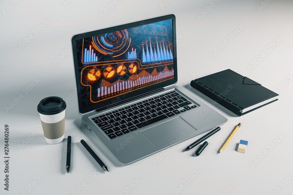 Poster laptop closeup with business theme drawing on computer screen. 3d rendering.