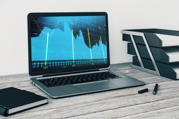 Laptop closeup with forex graph on computer screen. Financial trading and education concept. 3d rendering.