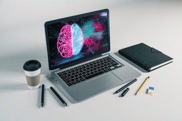 Laptop closeup with brain drawing on computer screen. Big data concept. 3d rendering.