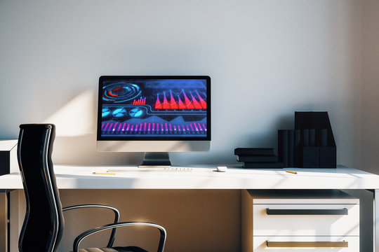 Desktop interior with computer, table and chair. Business drawing on screen. 3d rendering.