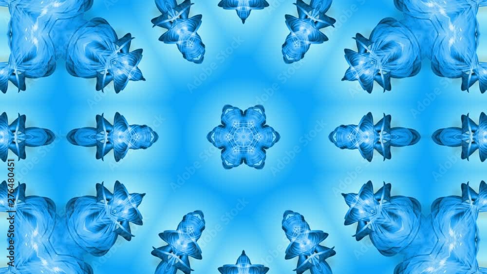 Poster abstract snowflake in motion of the blue lines of ribbons on a blue background. kaleidoscopic effect
