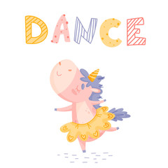 Illustration with cute cartoon unicorn with had draw lettering