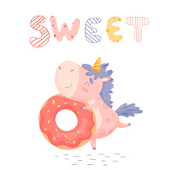 Illustration with cute cartoon unicorn with had draw lettering