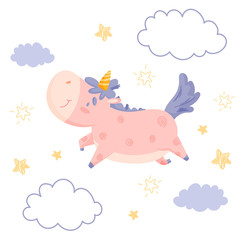 Illustration with cute cartoon unicorn with had draw lettering. Graphic element for print, postcard and poster. Vector illustration