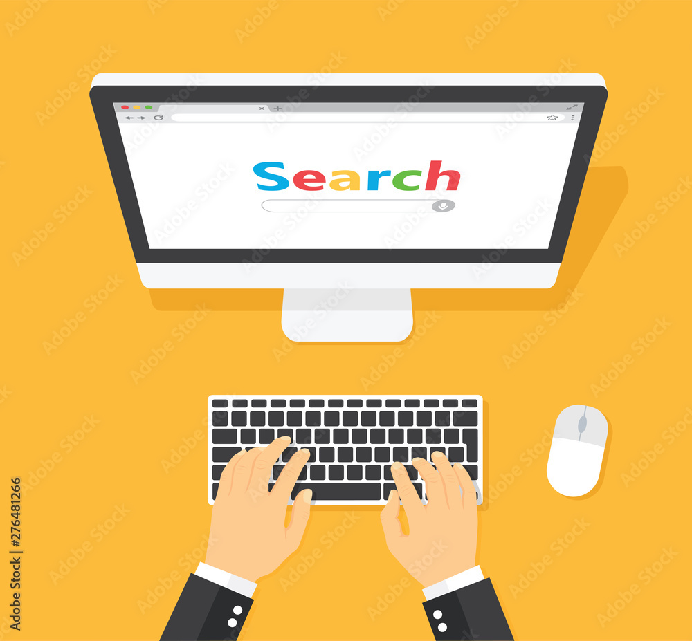 Poster workplace with computer search window on screen top view. flat style - stock vector.