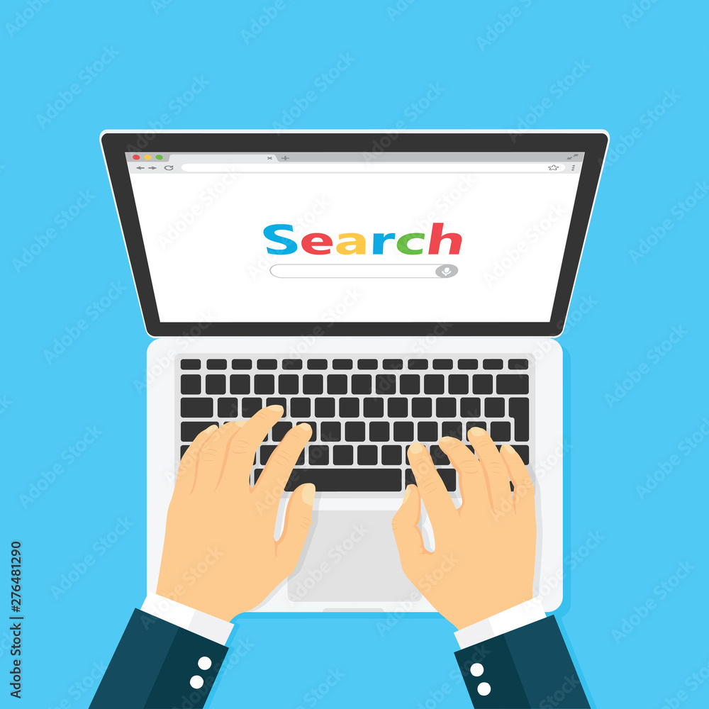 Poster workplace with laptop search window on screen top view. flat style - stock vector.