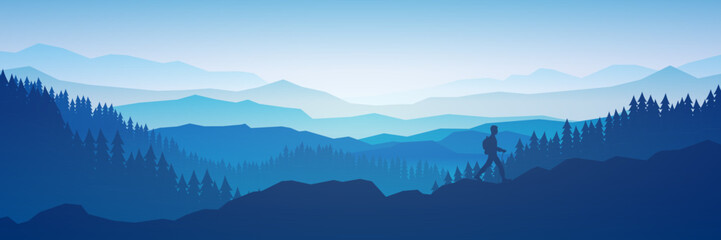 The traveler goes to the mountains with a backpack. Vector illustration