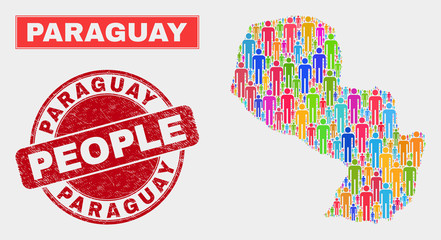 Demographic Paraguay map illustration. People colorful mosaic Paraguay map of guys, and red round grunge stamp seal. Vector combination for population community presentation.