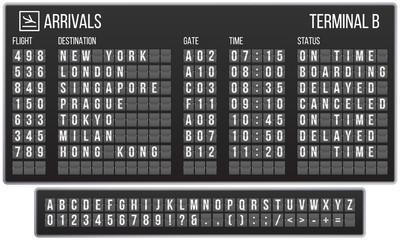 Scoreboard flip font. Arrival airport signs board, railroad arrivals and departures scoreboards letters. Flipping departure countdown, arrivals counter realistic vector symbols set