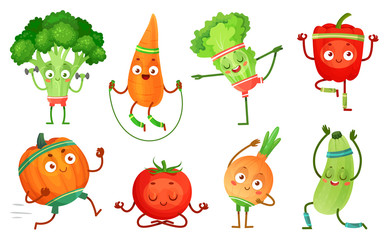 Cartoon-Gemüse-Fitness. Gemüsefiguren trainieren, gesundes Yoga trainiert Essen und Sportgemüse. Yoga-Posen, kawaii Sportgemüse. Isolierte Vektor-Illustration Icons Set