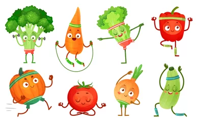 Fototapete Gemüse Cartoon-Gemüse-Fitness. Gemüsefiguren trainieren, gesundes Yoga trainiert Essen und Sportgemüse. Yoga-Posen, kawaii Sportgemüse. Isolierte Vektor-Illustration Icons Set
