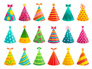 Cartoon birthday party caps. Funny celebration cap, holiday cone and colorful paper hat. Party hat, carnival caps or xmas cardboard accessories. Isolated vector illustration signs set