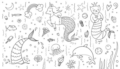 Set of cute kids doodle sketches for mermaid party theme. Purrmaid, unicorn, sweeties. Vector illustration