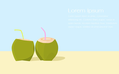 Fresh young coconuts with drinking straws on beach and blue background. Summer vacation concept. Flat vector illustration in cartoon style.