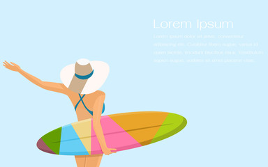 An isolated woman in hat and bikini on back with a colorful surfboard. Flat vector illustration in cartoon style people character.