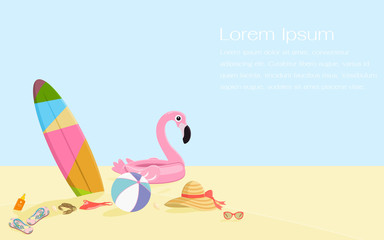 Girly summer items with sunscreen, bikini, flip flops, surfboard, floating, ball, hat, sunglasses and crab on sand. Summer vacation and holiday on the beach concept. Flat vector illustration.