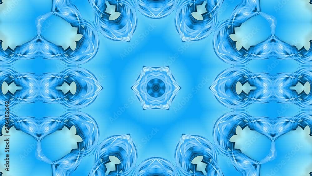 Poster abstract snowflake in motion of the blue lines of ribbons on a blue background. kaleidoscopic effect