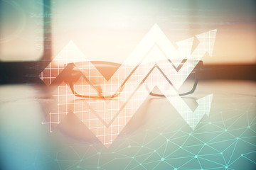 Arrows drawing up with glasses on the table background. Concept of business growth. Double exposure.