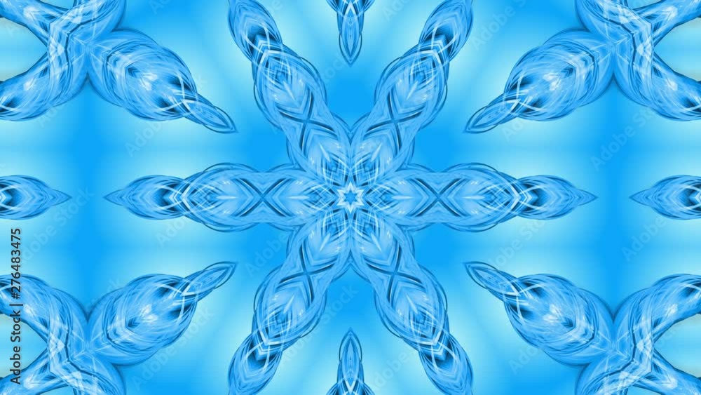 Poster abstract snowflake in motion of the blue lines of ribbons on a blue background. kaleidoscopic effect