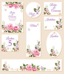 Set wedding invitation cards, layout menu, rsvp, label, save the date mock up. Templates with pink roses flowers, spring blossom. Illustration in watercolor vintage style, frames for design, vector
