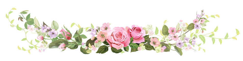Panoramic view: bouquet of roses, spring blossom. Horizontal border: red, mauve, pink flowers, buds, green leaves on white background. Digital draw illustration in watercolor style, vintage, vector