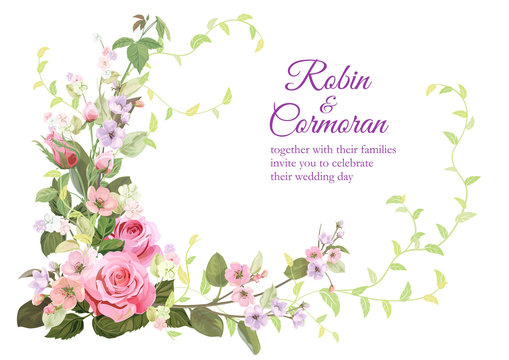 Wedding invite with bouquet of roses, spring blossom. Horizontal card with mauve, pink flowers, buds, leaves on white background. Illustration in watercolor style, vintage, vector, A4