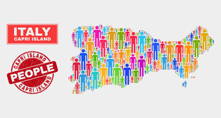 Demographic Capri Island map abstraction. People color mosaic Capri Island map of men, and red round grunge watermark. Vector combination for national audience report.