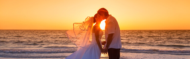 Bride and Groom Married Couple Sunset Beach Wedding Panorama