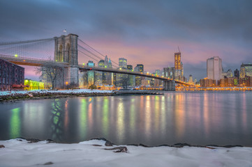 Manhattan Skyline from Pebble Beach in Brooklyn, United States.