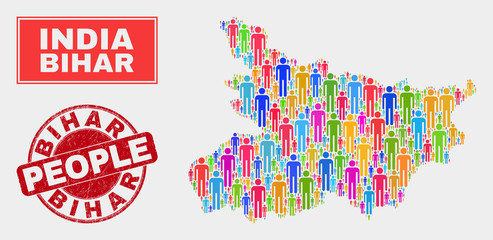 Demographic Bihar State map abstraction. People color mosaic Bihar State map of crowd, and red rounded rubber stamp seal. Vector collage for population audience presentation.