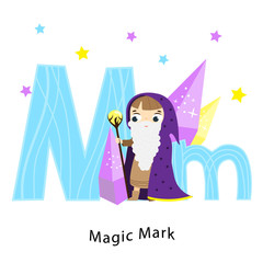 Kids alphabet. English letters with cartoon children characters. M for magic Mark. Magician boy