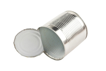 One whole disposable opened metal glossy chrome tin for canned food isolated on white background