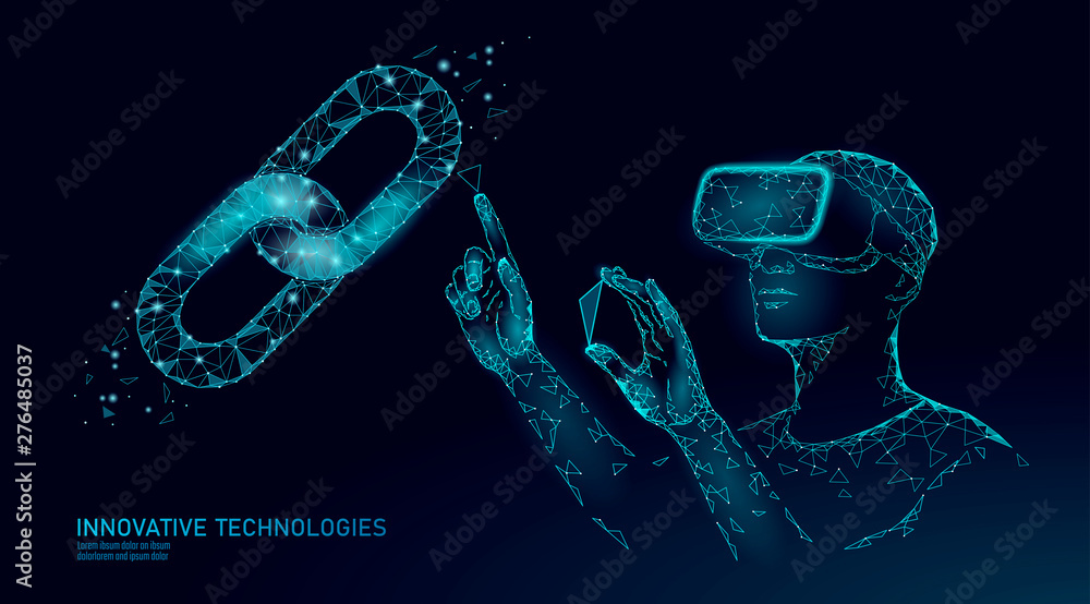 Poster male modern trader manage blockchain system. virtual reality assistance administration data operatio