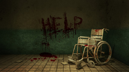 Horror and creepy walk way and wheelchair in front of the examination room in the hospital and help Blood .3D rendering