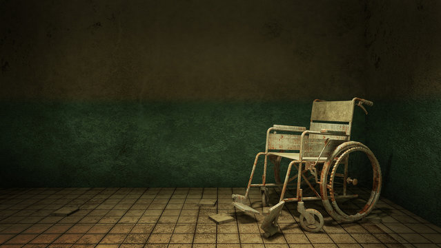 Horror and creepy walk way and wheelchair in front of the examination room in the hospital.3D rendering