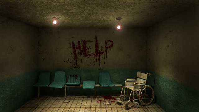 Horror and creepy seat waiting and wheelchair in front of the examination room in the hospital and help Blood .3D rendering