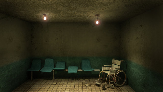 Horror and creepy seat waiting and wheelchair in front of the examination room in the hospital.3D rendering