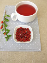 A cup of tea, fruit tea with dried goji berries