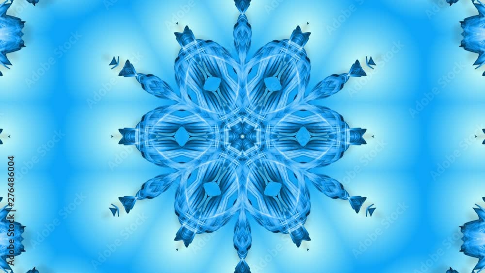 Poster abstract snowflake in motion of the blue lines of ribbons on a blue background. kaleidoscopic effect