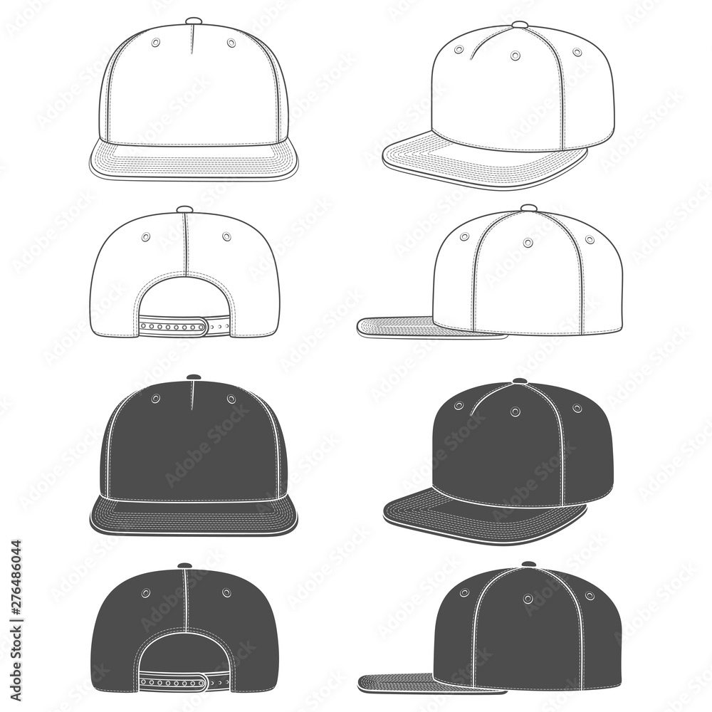 Poster set of black and white illustration of a snapback, rapper cap with a flat visor. isolated objects on
