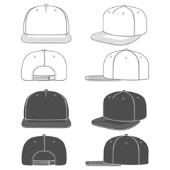 Set of black and white illustration of a snapback, rapper cap with a flat visor. Isolated objects on white background. - obrazy, fototapety, plakaty