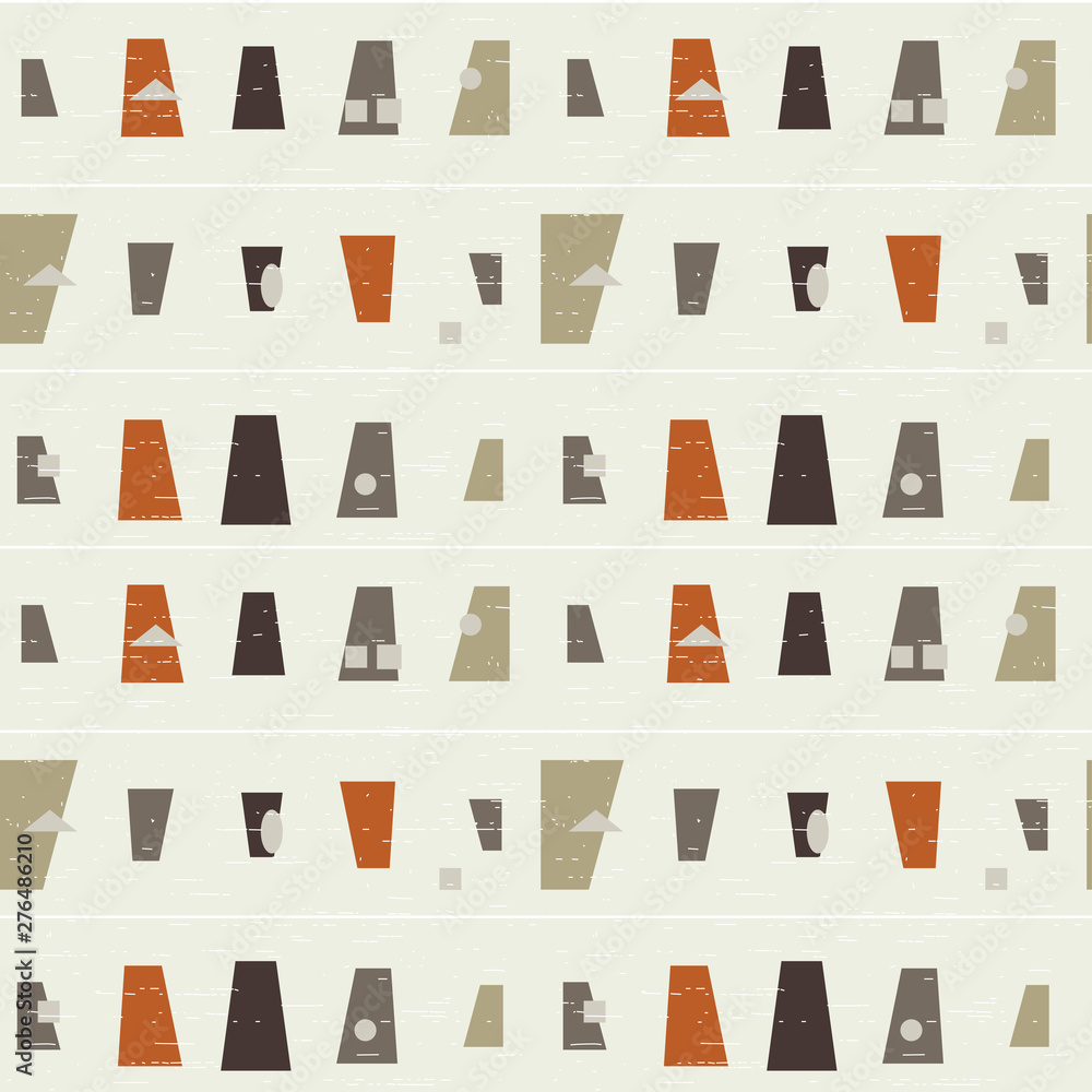 Poster Abstract geometric vector seamless pattern inspired by mid-century modern fabrics. Simple shapes and lines in retro pastel colors and textured background. 