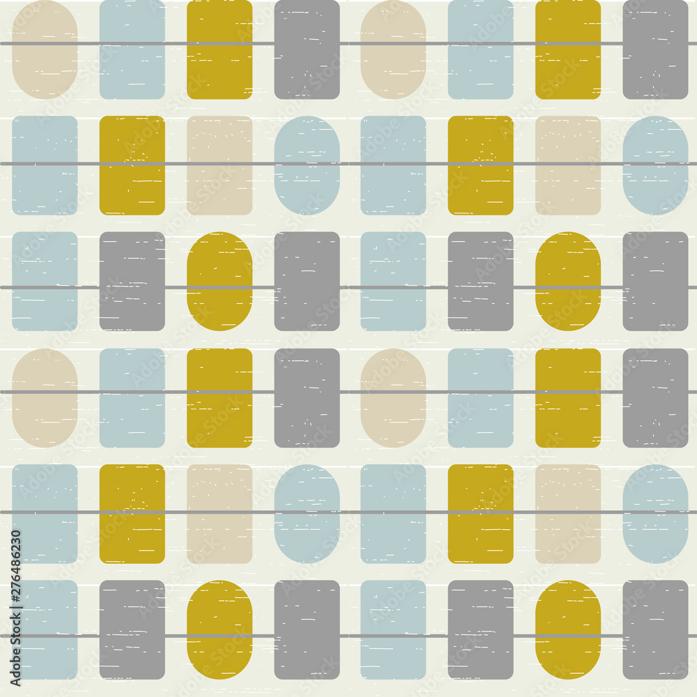 Poster Abstract geometric vector seamless pattern inspired by mid-century modern fabrics. Simple shapes and lines in retro pastel colors and textured background. 