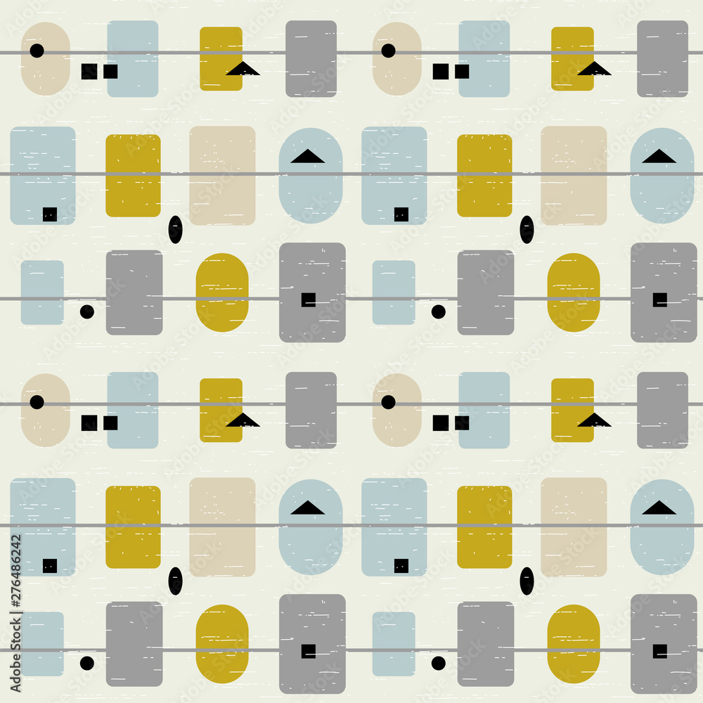 Poster Abstract geometric vector seamless pattern inspired by mid-century modern fabrics. Simple shapes and lines in retro pastel colors and textured background. 