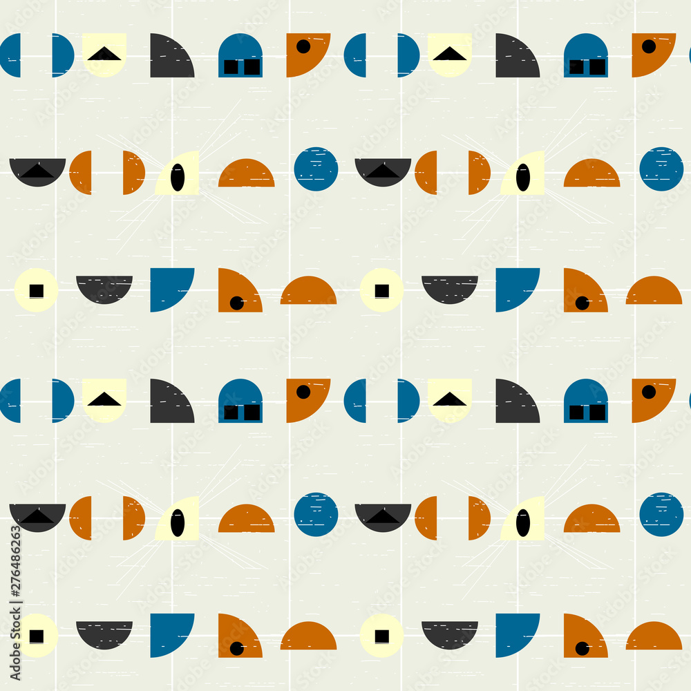 Poster Abstract geometric vector seamless pattern inspired by mid-century modern fabrics. Simple shapes and lines in retro pastel colors and textured background. 