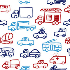 A vector seamless pattern with auto doodle outline images. A firefighting truck, a truck and other machines in red and blue colors for a design.