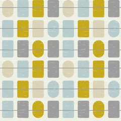 Gordijnen Abstract geometrisch vector naadloos patroon geïnspireerd door moderne stoffen uit het midden van de eeuw. Eenvoudige vormen en lijnen in retro pastelkleuren en gestructureerde achtergrond. © dinadankersdesign