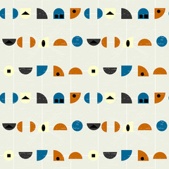 Motif harmonieux de vecteur géométrique abstrait inspiré des tissus modernes du milieu du siècle. Des formes et des lignes simples dans des couleurs pastel rétro et un fond texturé.