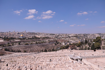 Jerusalem \ Israel - 15 October 2017: Panoramic view of Tzurm valley.  Jerusalem Old city and the Temple Mount, Dome of the Rock and Al Aqsa Mosque, slopes of Mount of Olives.