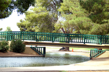 Fototapeta na wymiar a bridge over park pond surrounded by trees